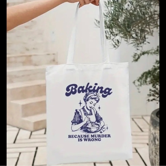 Canvas Tote Bag ‘Baking Because Murder Is Wrong’ Sarcastic Quote Retro Style - Picture 1 of 5